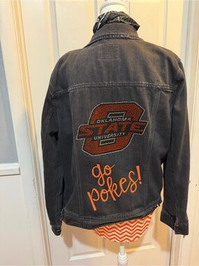 Oklahoma State University OSU upcycled black Denim Jacket blinged out back XL